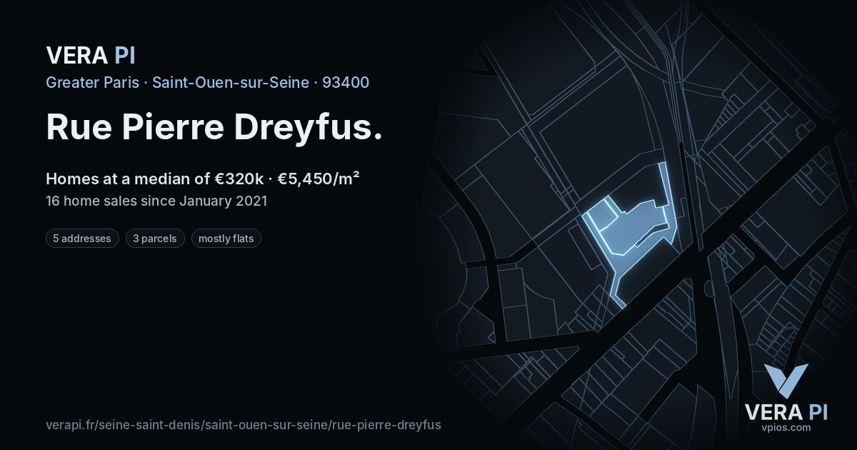 Rue Pierre Dreyfus, Saint-Ouen-sur-Seine at night – every parcel coloured by the prices around it, the street's own parcels lit