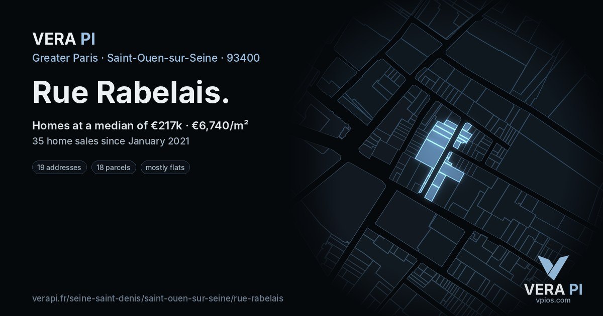 Rue Rabelais, Saint-Ouen-sur-Seine at night – every parcel coloured by the prices around it, the street's own parcels lit