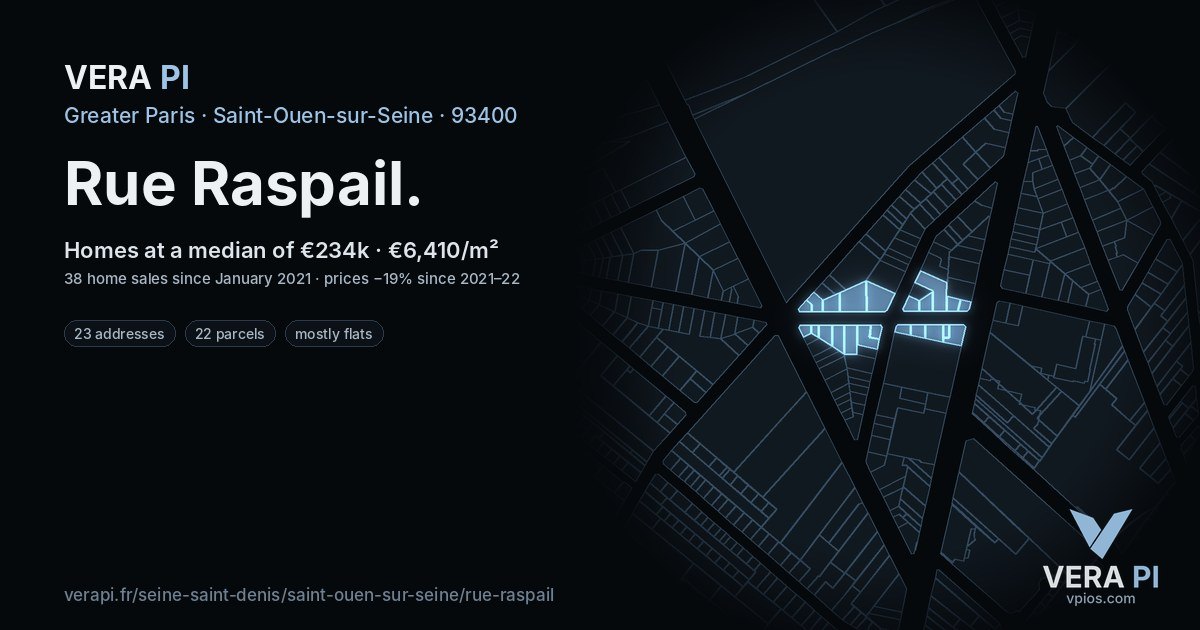 Rue Raspail, Saint-Ouen-sur-Seine at night – every parcel coloured by the prices around it, the street's own parcels lit
