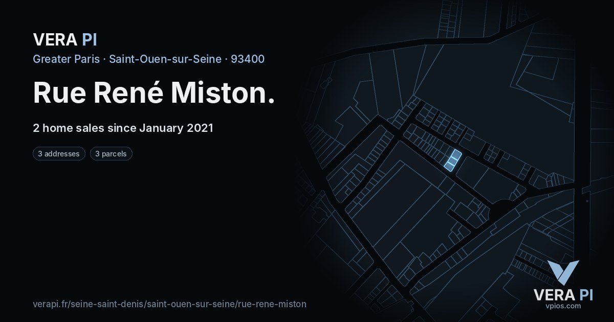 Rue René Miston, Saint-Ouen-sur-Seine at night – every parcel coloured by the prices around it, the street's own parcels lit