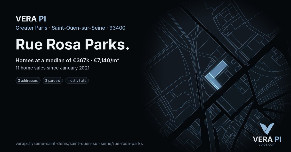Rue Rosa Parks, Saint-Ouen-sur-Seine at night – every parcel coloured by the prices around it, the street's own parcels lit