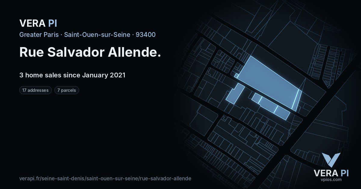 Rue Salvador Allende, Saint-Ouen-sur-Seine at night – every parcel coloured by the prices around it, the street's own parcels lit