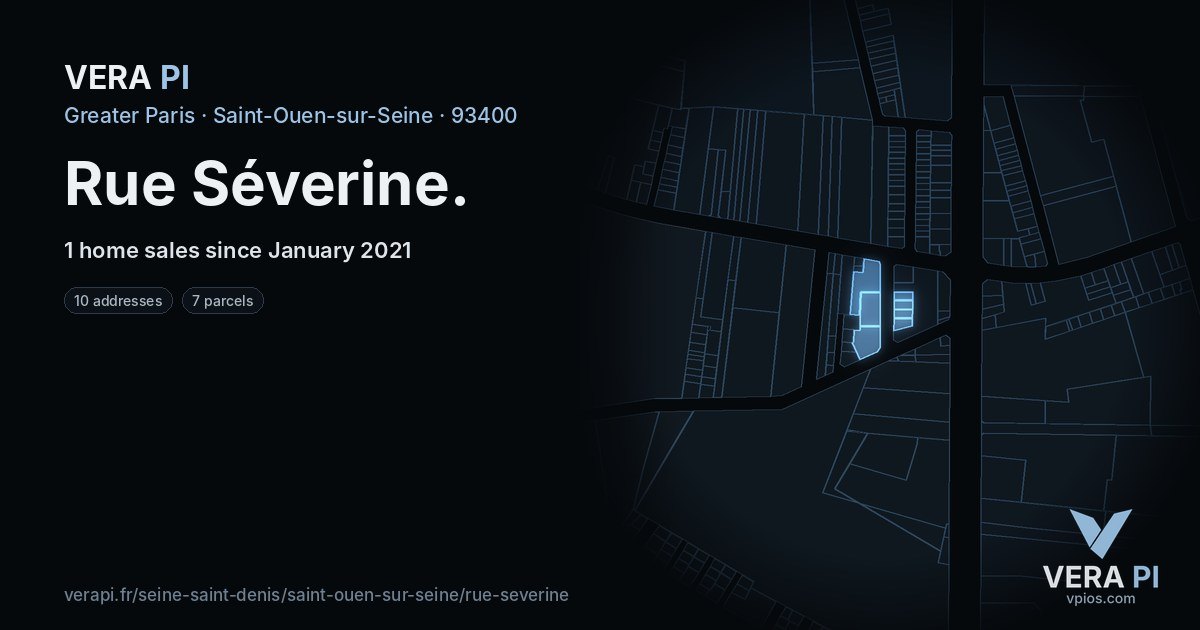 Rue Séverine, Saint-Ouen-sur-Seine at night – every parcel coloured by the prices around it, the street's own parcels lit