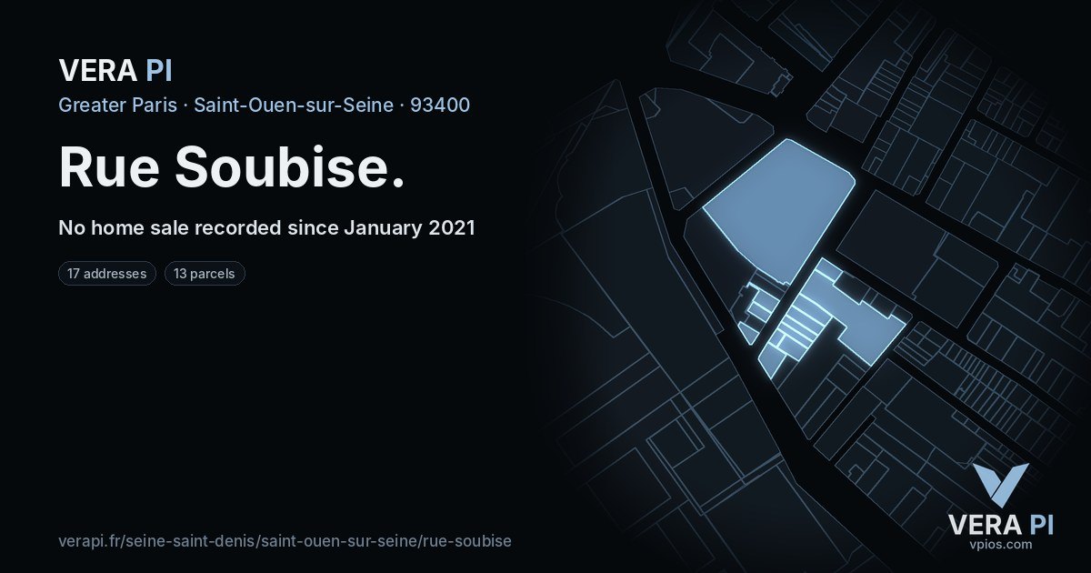 Rue Soubise, Saint-Ouen-sur-Seine at night – every parcel coloured by the prices around it, the street's own parcels lit