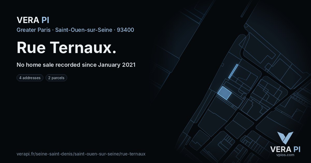 Rue Ternaux, Saint-Ouen-sur-Seine at night – every parcel coloured by the prices around it, the street's own parcels lit