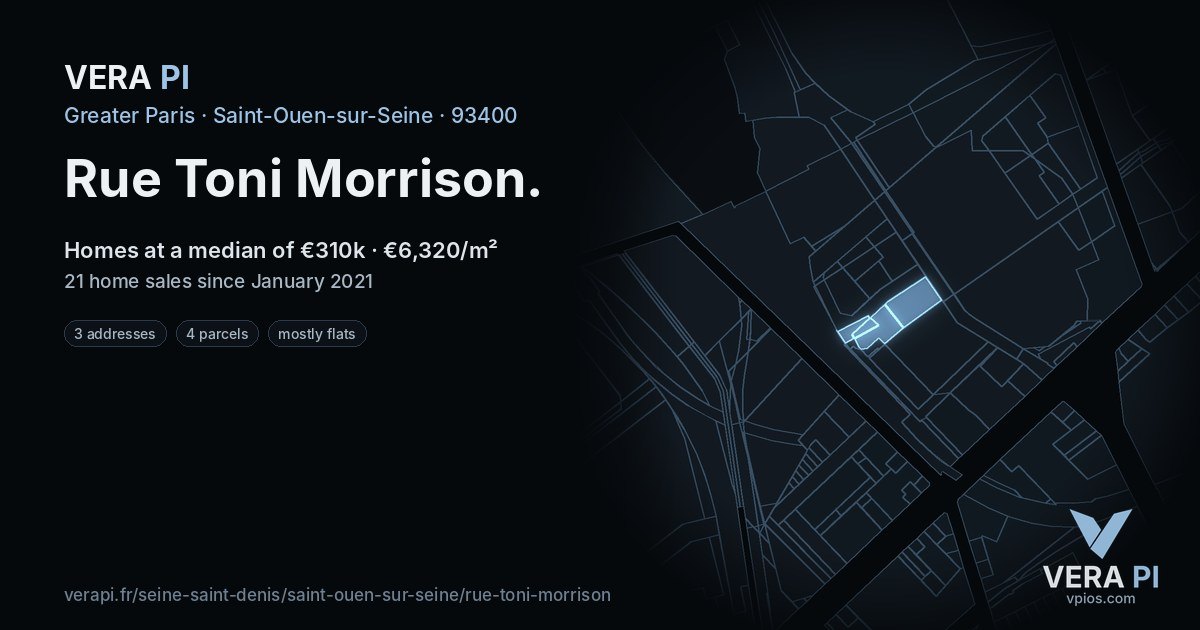 Rue Toni Morrison, Saint-Ouen-sur-Seine at night – every parcel coloured by the prices around it, the street's own parcels lit