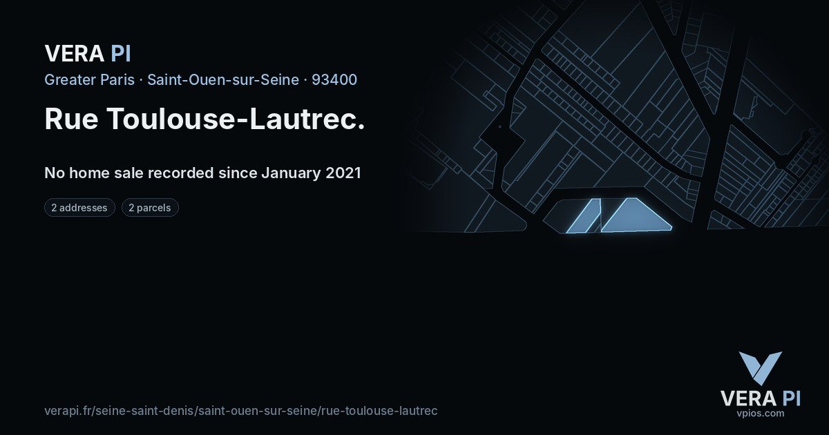 Rue Toulouse-Lautrec, Saint-Ouen-sur-Seine at night – every parcel coloured by the prices around it, the street's own parcels lit