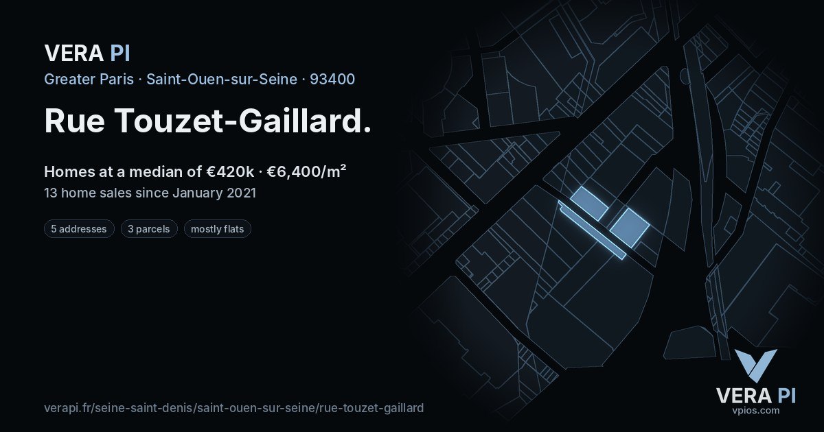 Rue Touzet-Gaillard, Saint-Ouen-sur-Seine at night – every parcel coloured by the prices around it, the street's own parcels lit