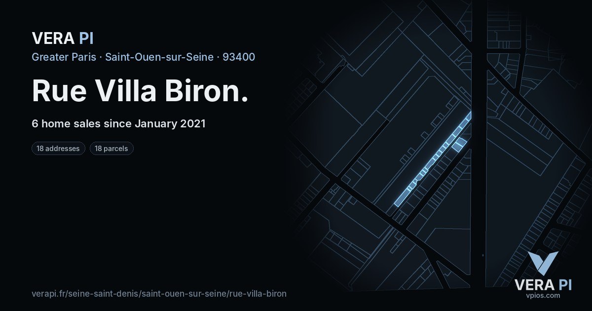 Rue Villa Biron, Saint-Ouen-sur-Seine at night – every parcel coloured by the prices around it, the street's own parcels lit
