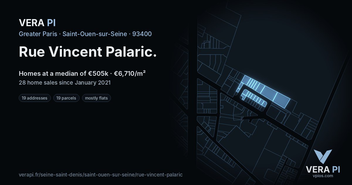 Rue Vincent Palaric, Saint-Ouen-sur-Seine at night – every parcel coloured by the prices around it, the street's own parcels lit