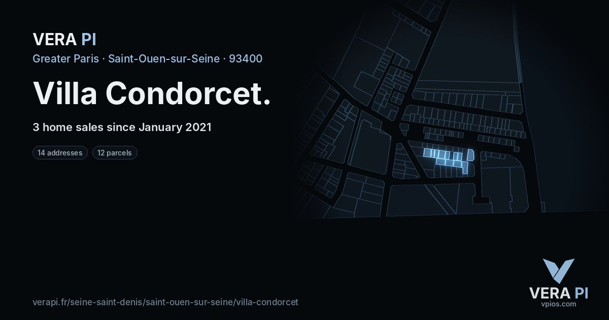 Villa Condorcet, Saint-Ouen-sur-Seine at night – every parcel coloured by the prices around it, the street's own parcels lit