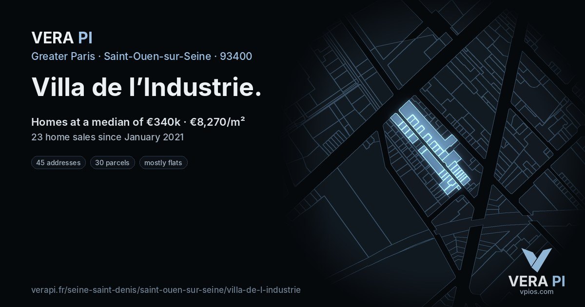 Villa de l’Industrie, Saint-Ouen-sur-Seine at night – every parcel coloured by the prices around it, the street's own parcels lit