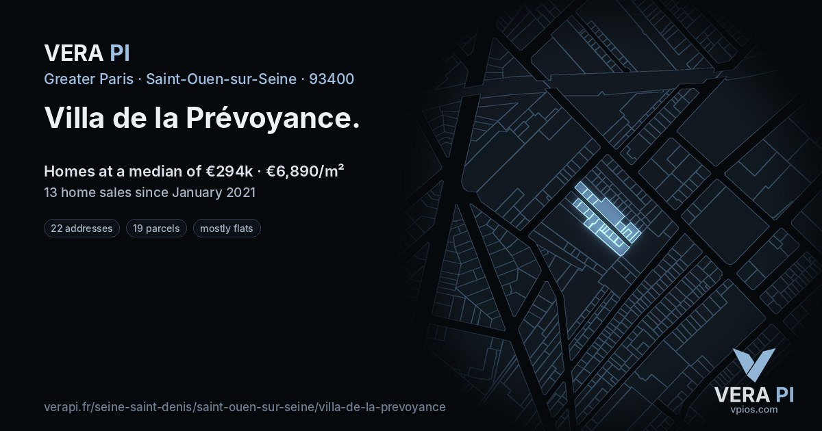 Villa de la Prévoyance, Saint-Ouen-sur-Seine at night – every parcel coloured by the prices around it, the street's own parcels lit