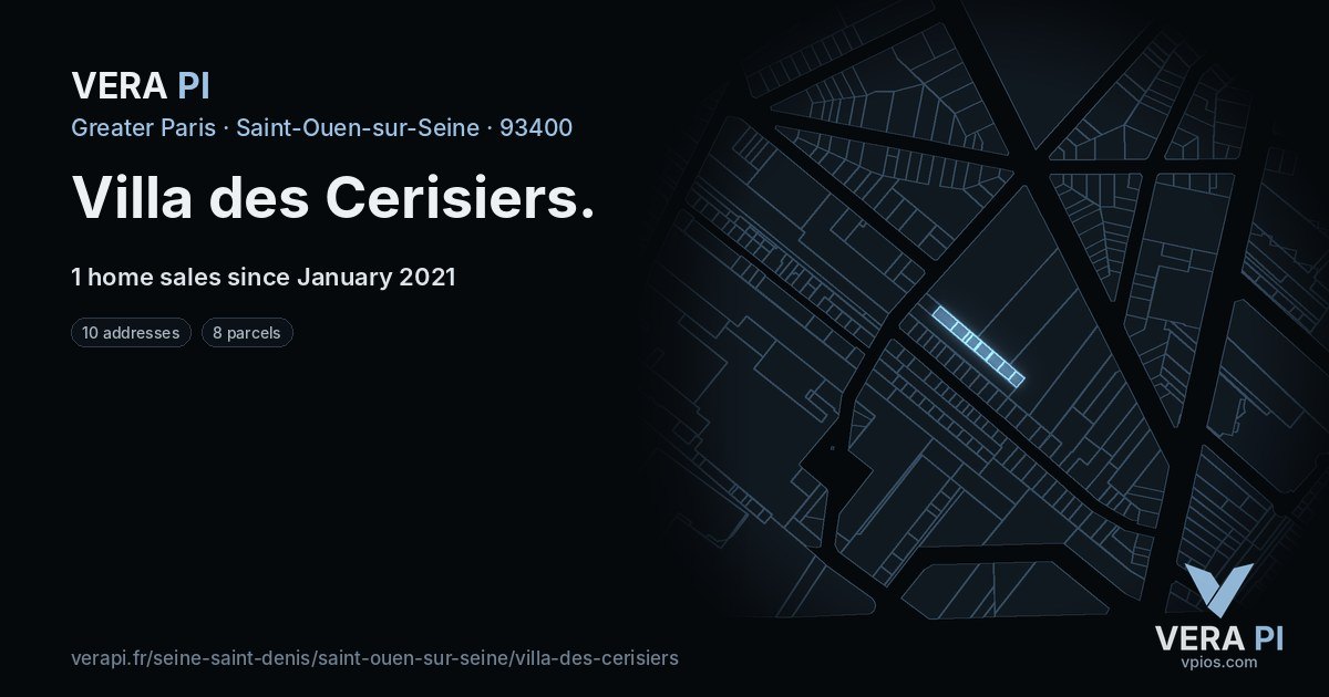 Villa des Cerisiers, Saint-Ouen-sur-Seine at night – every parcel coloured by the prices around it, the street's own parcels lit