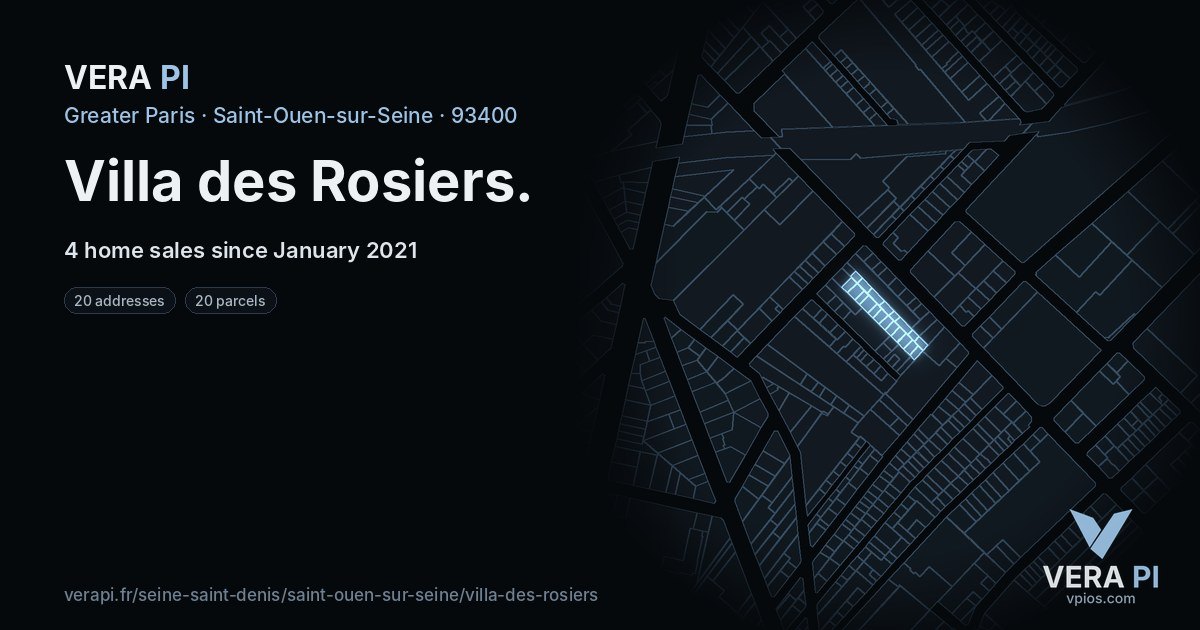 Villa des Rosiers, Saint-Ouen-sur-Seine at night – every parcel coloured by the prices around it, the street's own parcels lit