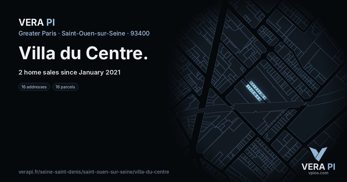 Villa du Centre, Saint-Ouen-sur-Seine at night – every parcel coloured by the prices around it, the street's own parcels lit