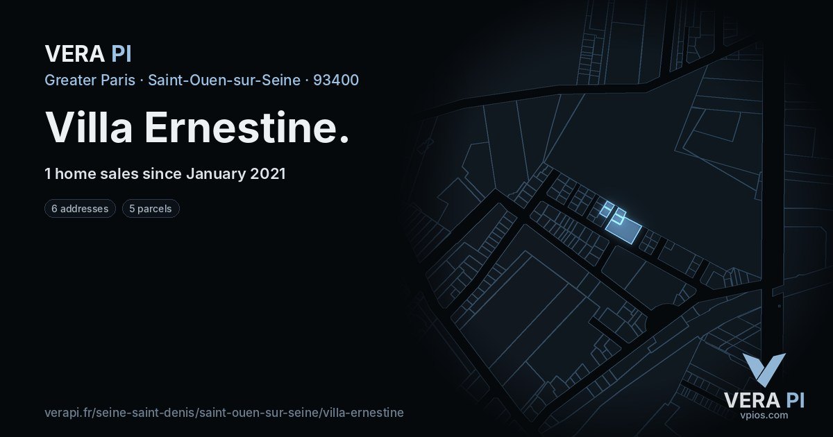 Villa Ernestine, Saint-Ouen-sur-Seine at night – every parcel coloured by the prices around it, the street's own parcels lit