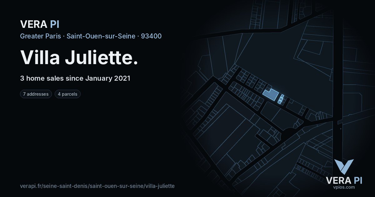 Villa Juliette, Saint-Ouen-sur-Seine at night – every parcel coloured by the prices around it, the street's own parcels lit