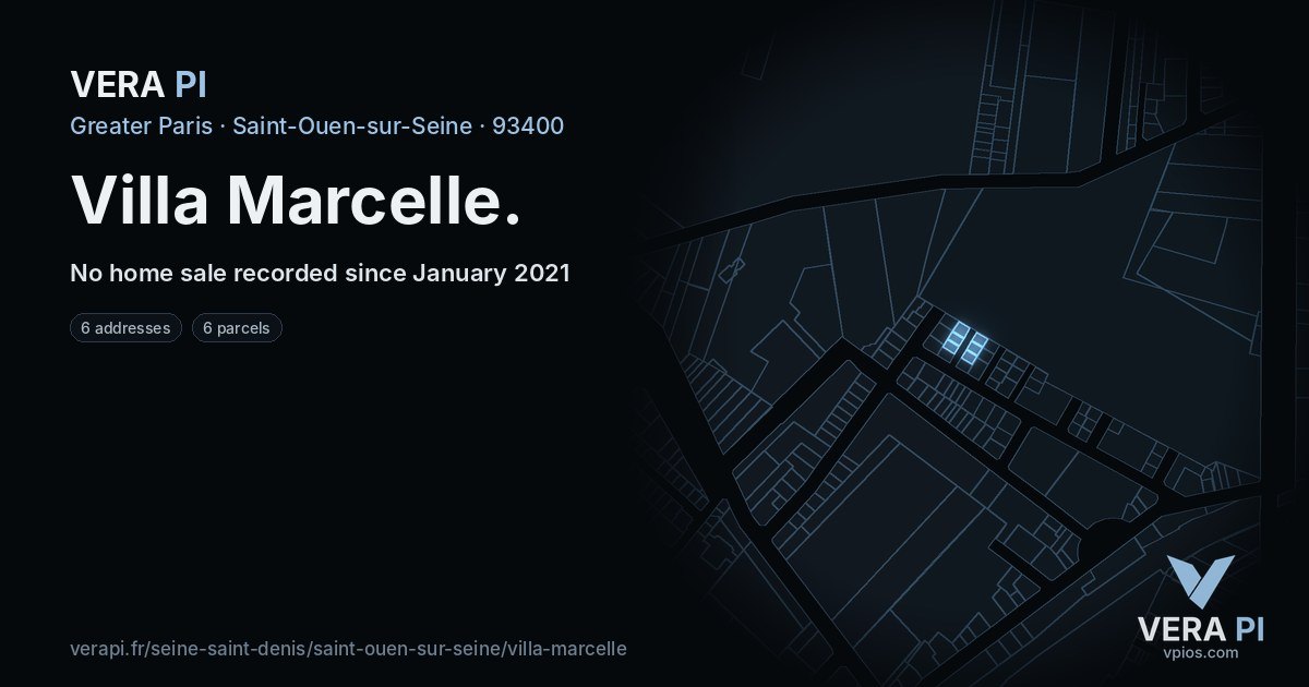 Villa Marcelle, Saint-Ouen-sur-Seine at night – every parcel coloured by the prices around it, the street's own parcels lit