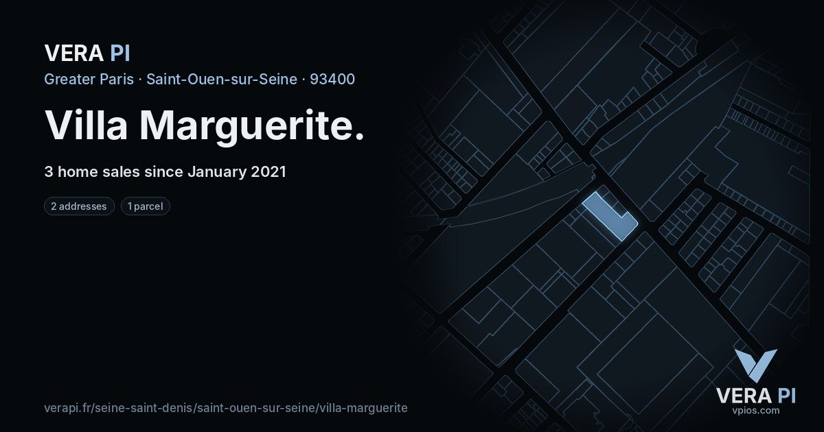 Villa Marguerite, Saint-Ouen-sur-Seine at night – every parcel coloured by the prices around it, the street's own parcels lit