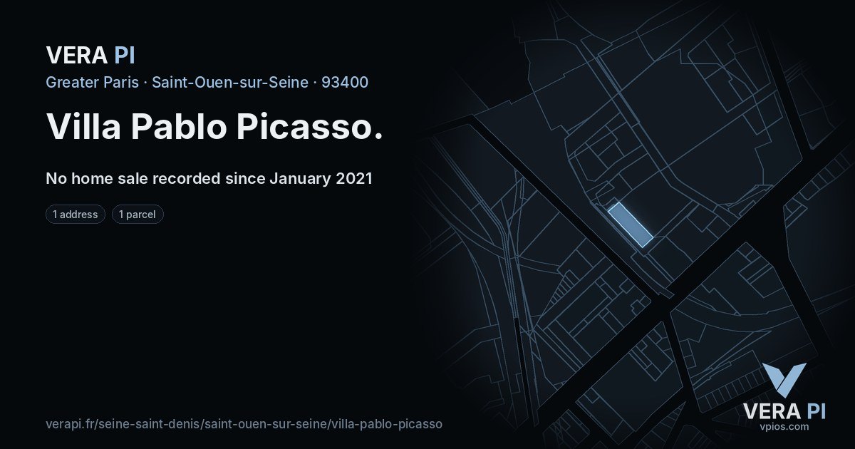Villa Pablo Picasso, Saint-Ouen-sur-Seine at night – every parcel coloured by the prices around it, the street's own parcels lit