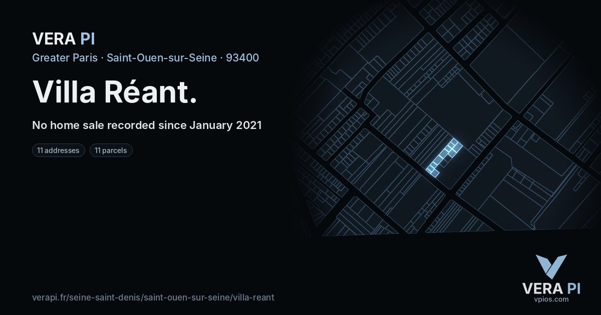 Villa Réant, Saint-Ouen-sur-Seine at night – every parcel coloured by the prices around it, the street's own parcels lit