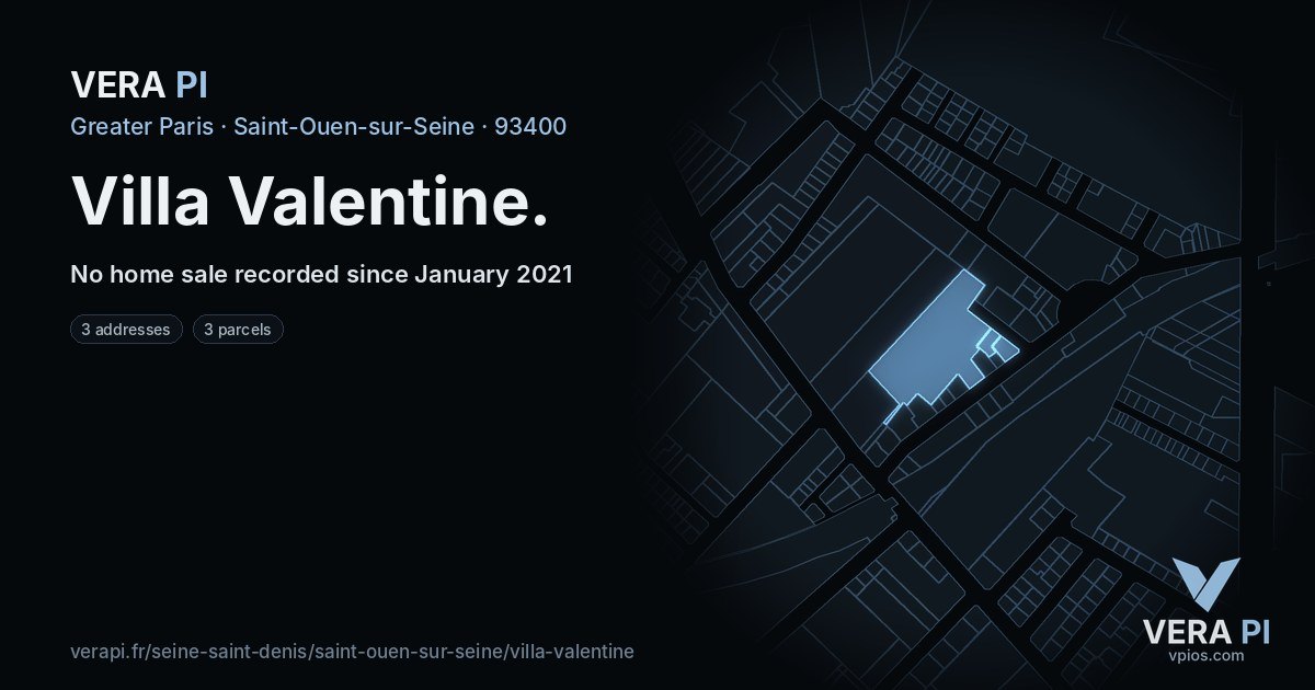 Villa Valentine, Saint-Ouen-sur-Seine at night – every parcel coloured by the prices around it, the street's own parcels lit