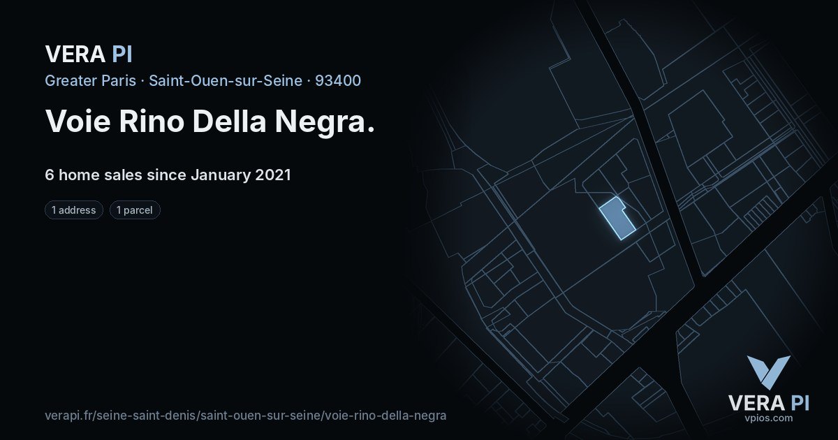 Voie Rino Della Negra, Saint-Ouen-sur-Seine at night – every parcel coloured by the prices around it, the street's own parcels lit