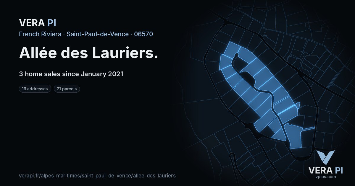 Allée des Lauriers, Saint-Paul-de-Vence at night – every parcel coloured by the prices around it, the street's own parcels lit