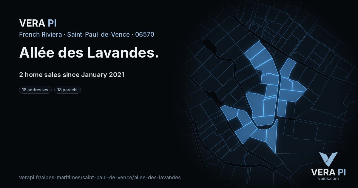 Allée des Lavandes, Saint-Paul-de-Vence at night – every parcel coloured by the prices around it, the street's own parcels lit