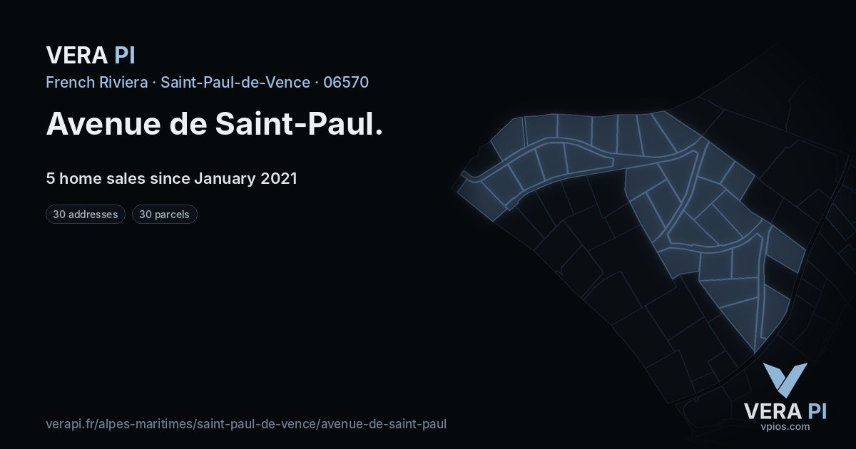 Avenue de Saint-Paul, Saint-Paul-de-Vence at night – every parcel coloured by the prices around it, the street's own parcels lit