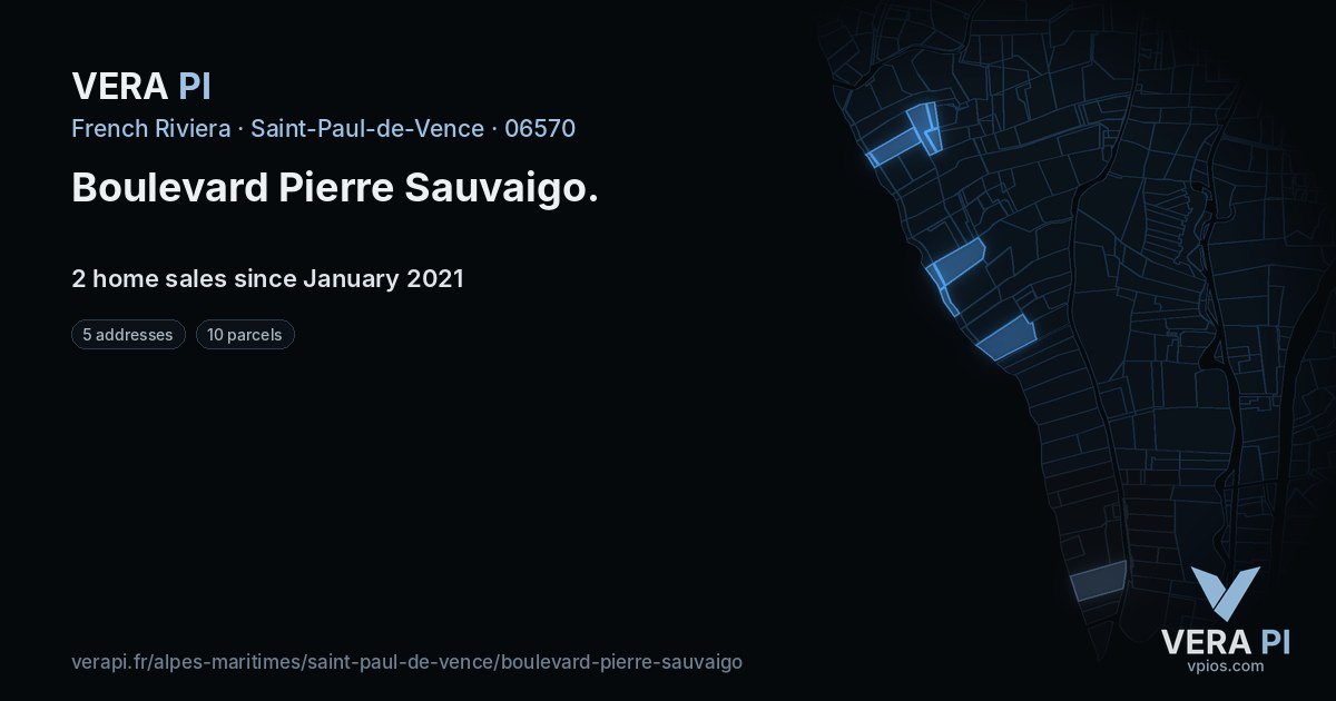 Boulevard Pierre Sauvaigo, Saint-Paul-de-Vence at night – every parcel coloured by the prices around it, the street's own parcels lit