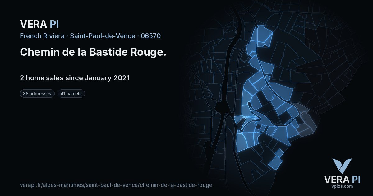 Chemin de la Bastide Rouge, Saint-Paul-de-Vence at night – every parcel coloured by the prices around it, the street's own parcels lit