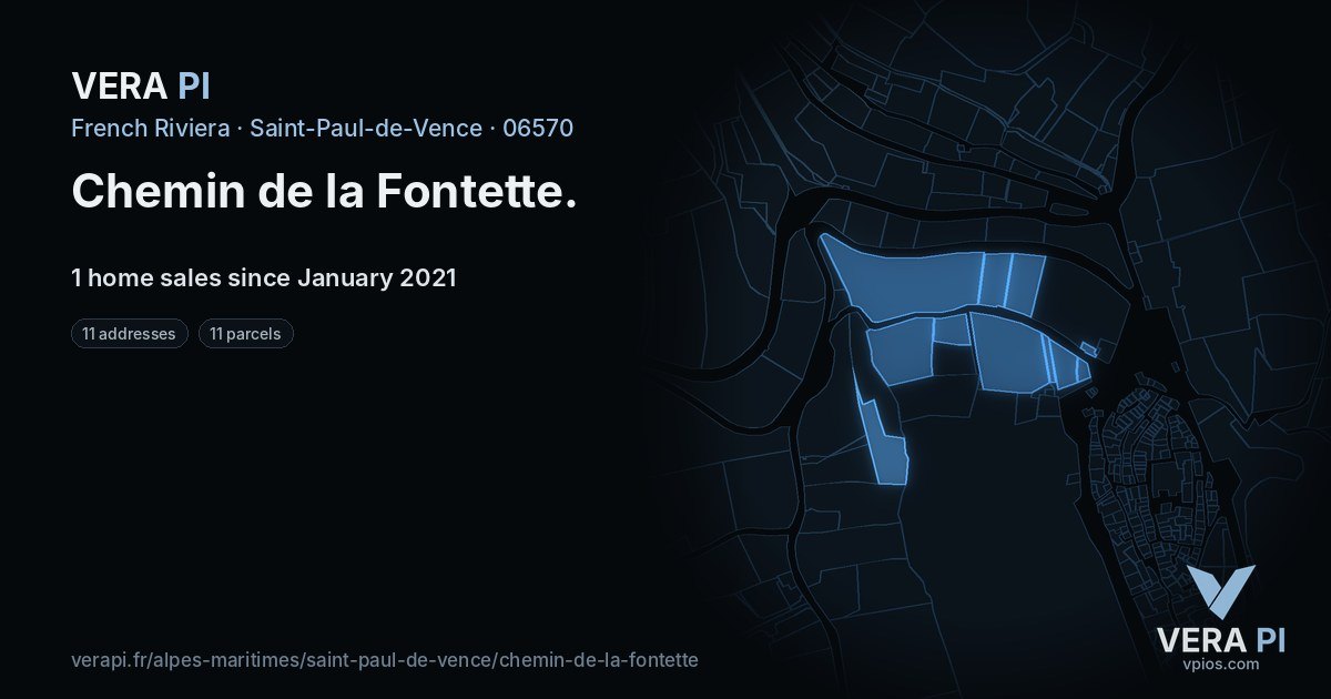 Chemin de la Fontette, Saint-Paul-de-Vence at night – every parcel coloured by the prices around it, the street's own parcels lit
