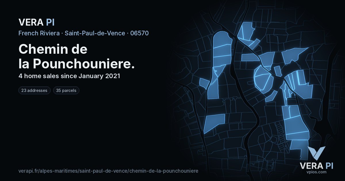 Chemin de la Pounchouniere, Saint-Paul-de-Vence at night – every parcel coloured by the prices around it, the street's own parcels lit