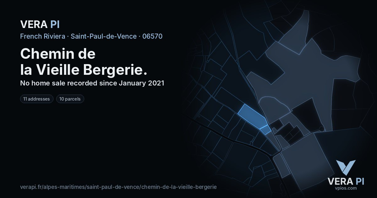 Chemin de la Vieille Bergerie, Saint-Paul-de-Vence at night – every parcel coloured by the prices around it, the street's own parcels lit