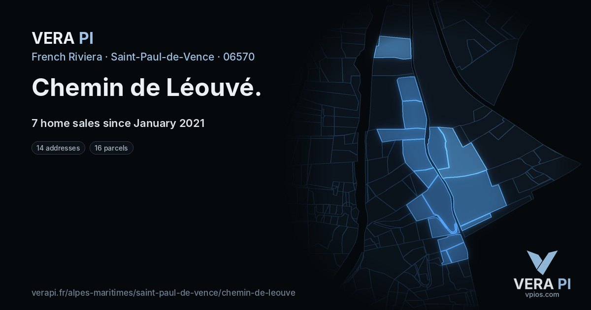 Chemin de Léouvé, Saint-Paul-de-Vence at night – every parcel coloured by the prices around it, the street's own parcels lit