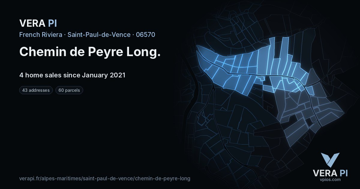 Chemin de Peyre Long, Saint-Paul-de-Vence at night – every parcel coloured by the prices around it, the street's own parcels lit