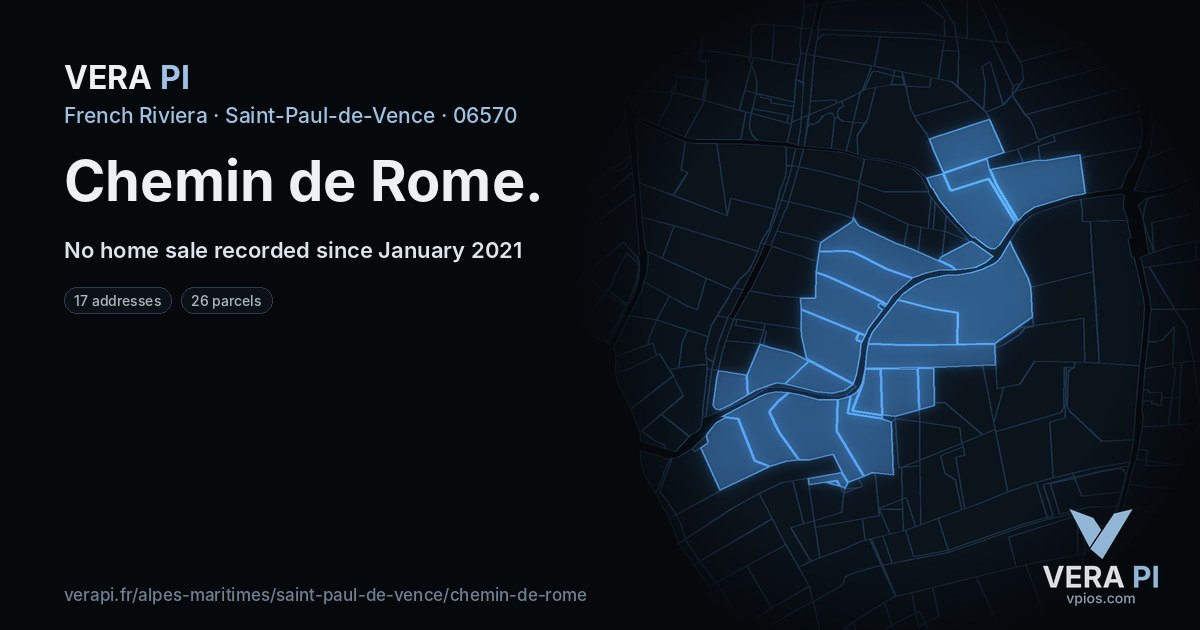 Chemin de Rome, Saint-Paul-de-Vence at night – every parcel coloured by the prices around it, the street's own parcels lit