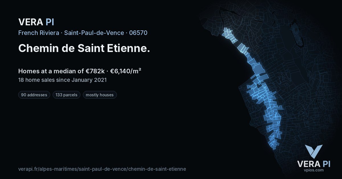Chemin de Saint Etienne, Saint-Paul-de-Vence at night – every parcel coloured by the prices around it, the street's own parcels lit
