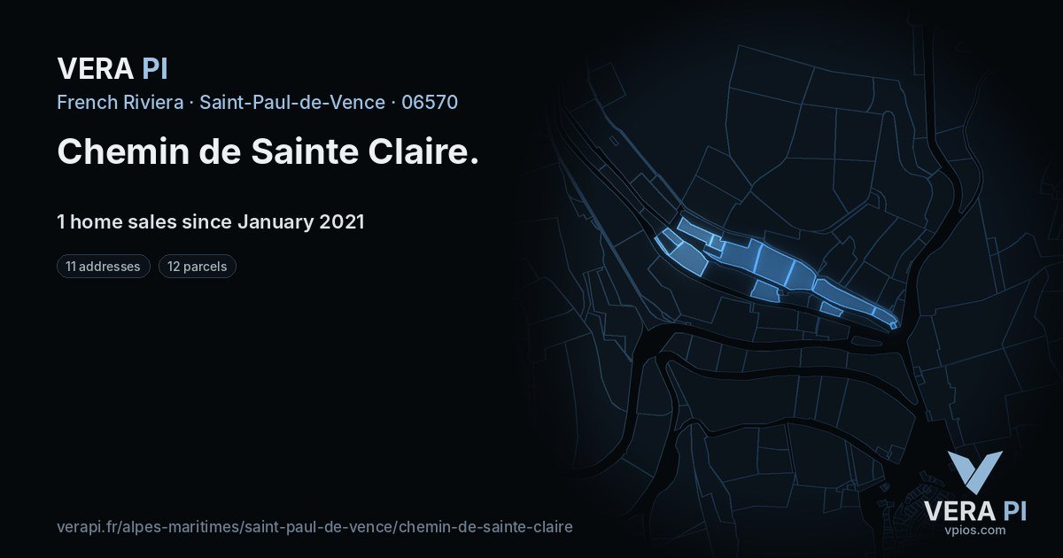 Chemin de Sainte Claire, Saint-Paul-de-Vence at night – every parcel coloured by the prices around it, the street's own parcels lit