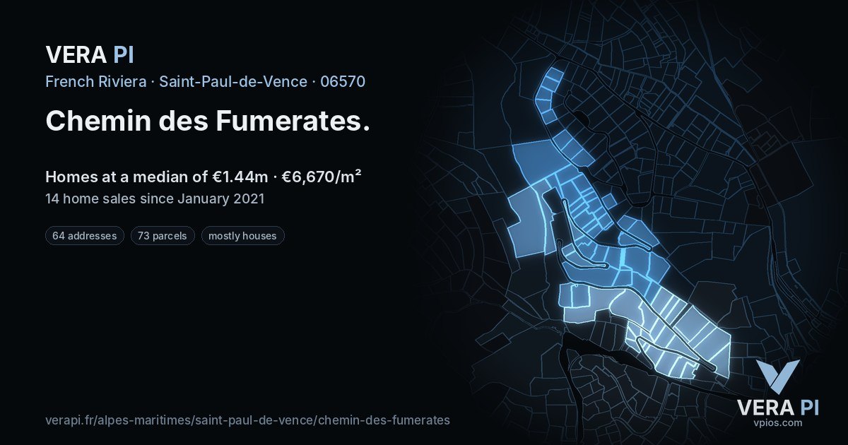 Chemin des Fumerates, Saint-Paul-de-Vence at night – every parcel coloured by the prices around it, the street's own parcels lit
