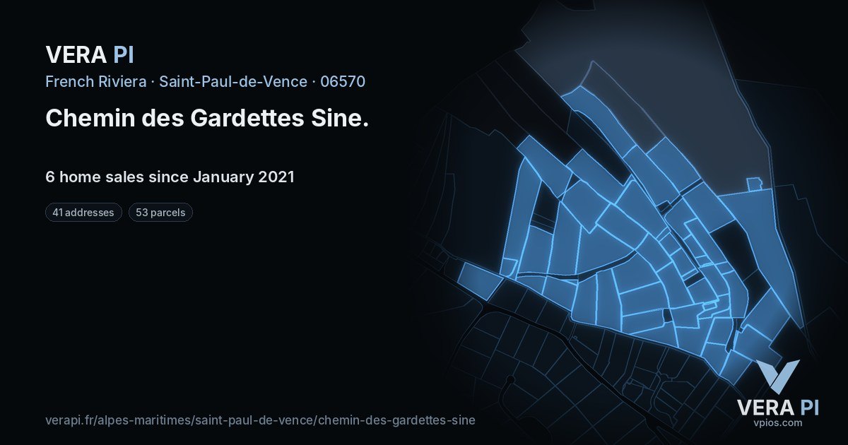 Chemin des Gardettes Sine, Saint-Paul-de-Vence at night – every parcel coloured by the prices around it, the street's own parcels lit