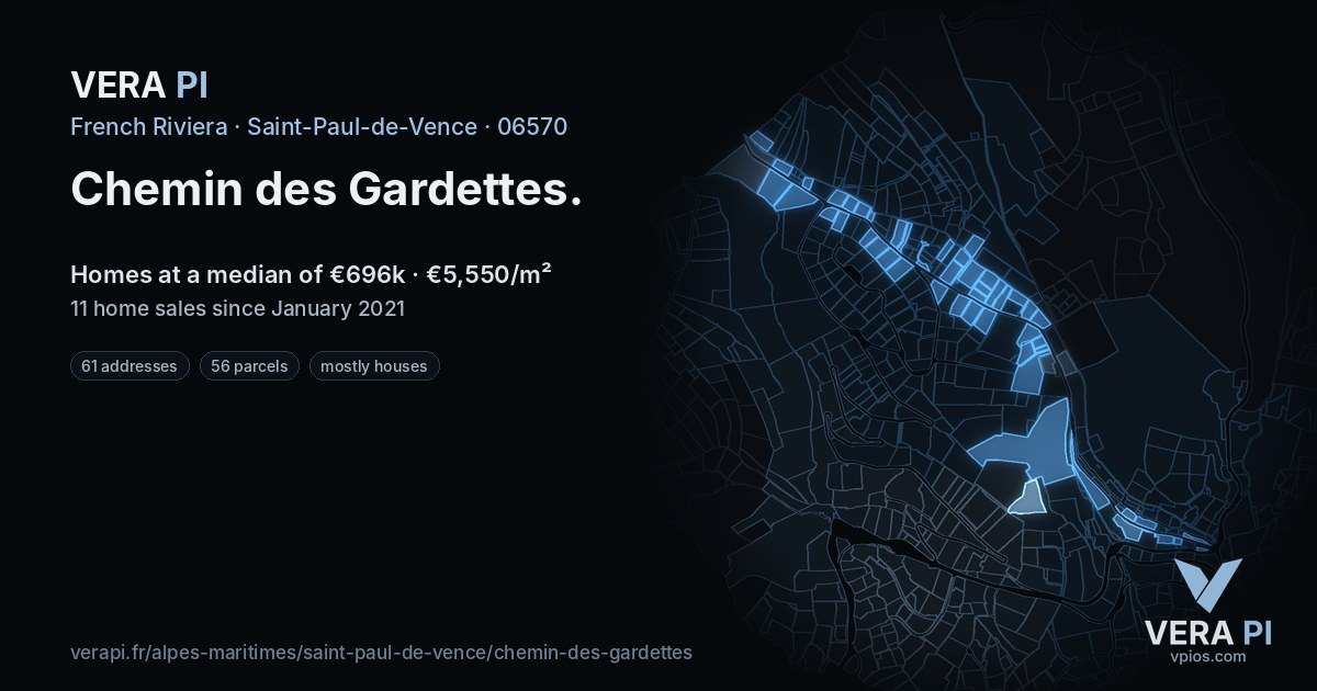 Chemin des Gardettes, Saint-Paul-de-Vence at night – every parcel coloured by the prices around it, the street's own parcels lit