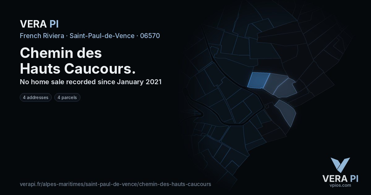 Chemin des Hauts Caucours, Saint-Paul-de-Vence at night – every parcel coloured by the prices around it, the street's own parcels lit