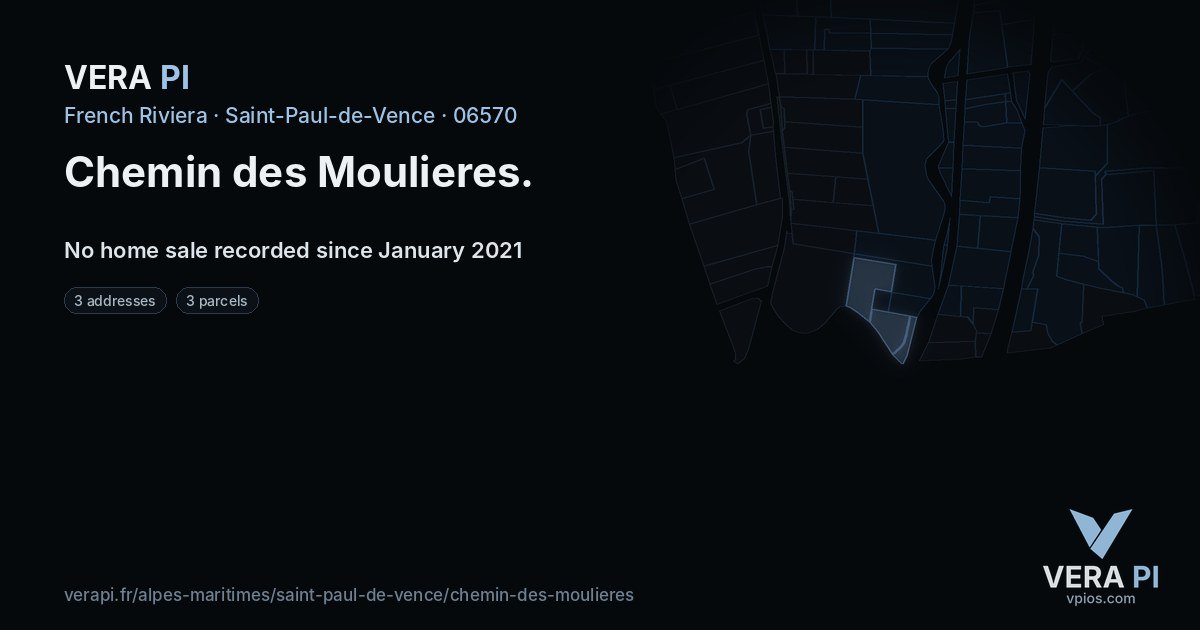 Chemin des Moulieres, Saint-Paul-de-Vence at night – every parcel coloured by the prices around it, the street's own parcels lit