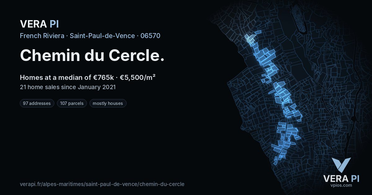 Chemin du Cercle, Saint-Paul-de-Vence at night – every parcel coloured by the prices around it, the street's own parcels lit