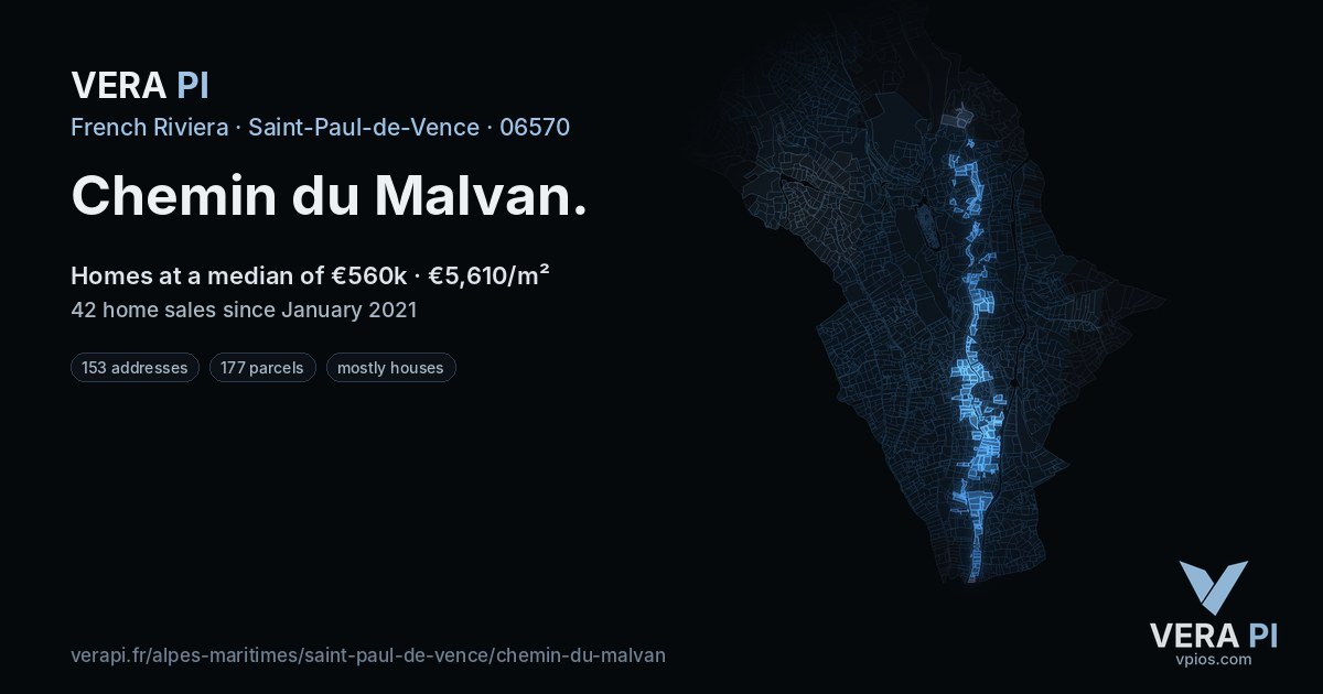 Chemin du Malvan, Saint-Paul-de-Vence at night – every parcel coloured by the prices around it, the street's own parcels lit