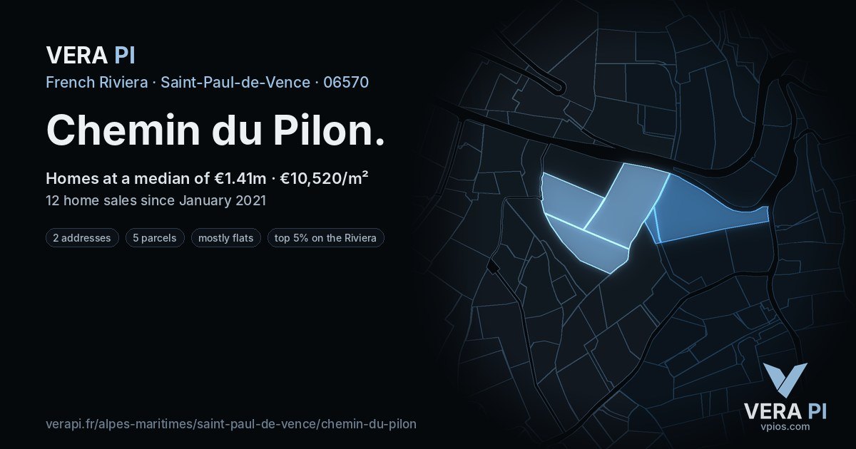 Chemin du Pilon, Saint-Paul-de-Vence at night – every parcel coloured by the prices around it, the street's own parcels lit