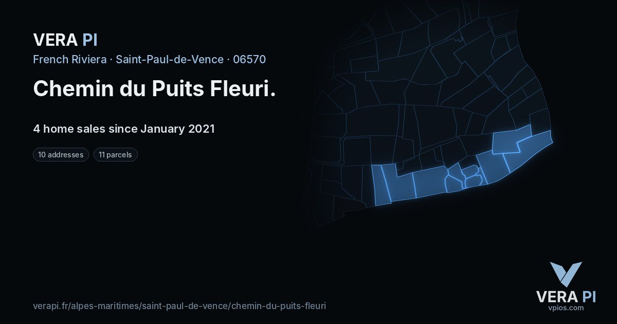 Chemin du Puits Fleuri, Saint-Paul-de-Vence at night – every parcel coloured by the prices around it, the street's own parcels lit